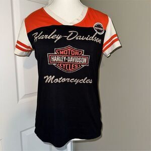 Harley-Davidson Women's Orange Black Short Sleeve Vintage V-Neck T-Shirt Size M